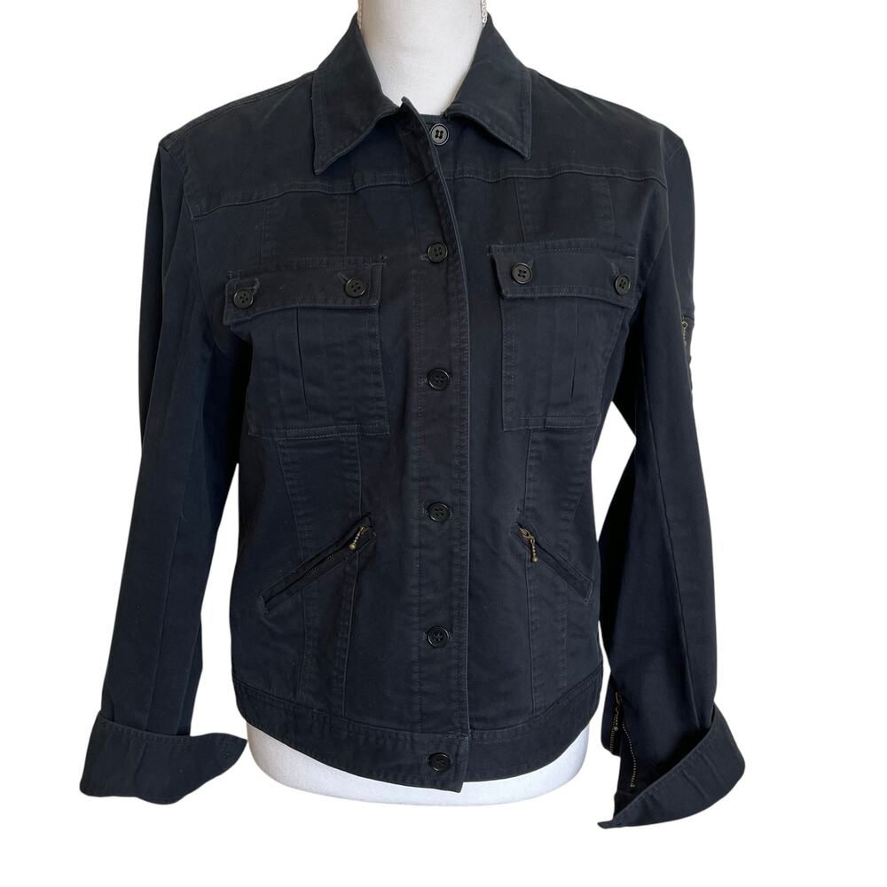 Jones New York Stretch Twill Jacket Small Black Dark Gray Zippers Buttons Crop